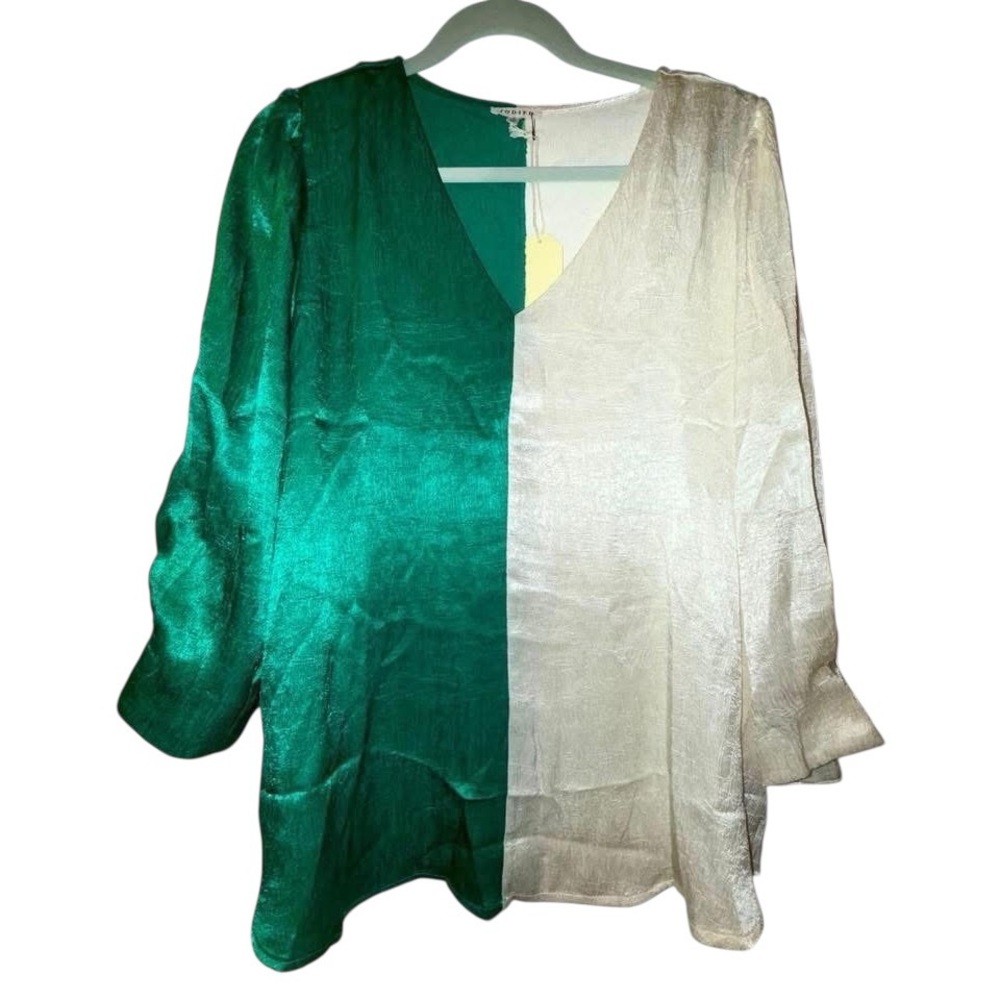 JODIFL Green and Cream Colorblock V-Neck Satin 3/4 Sleeve Blouse- NEW WITH TAGS